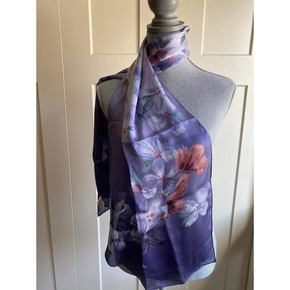 Silk Scarf Unbranded Floral Purple Wrap 17